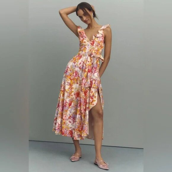 BHLDN Midi Floral Belted Dress s - Picture 13 of 13